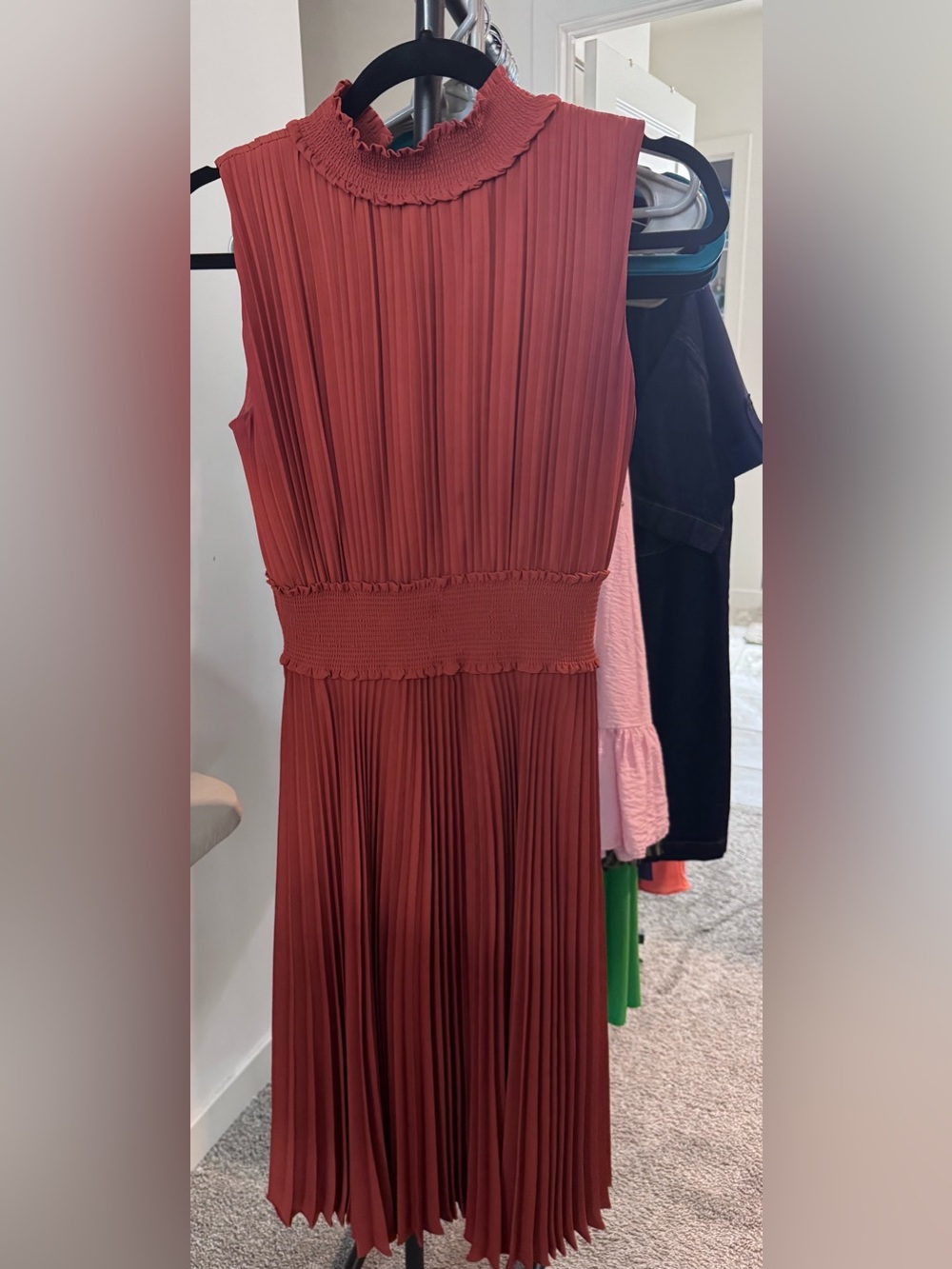 Women’s Pleated Waist-Detail Dress in Brick Red